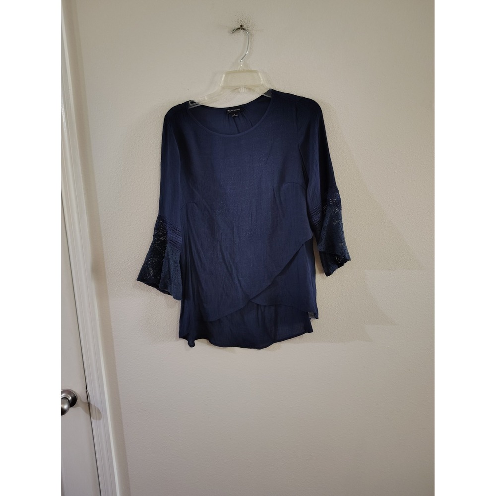 New Directions Womens Navy Blue Bell Sleeve Lace Detail Tulip‎ Front Blouse S